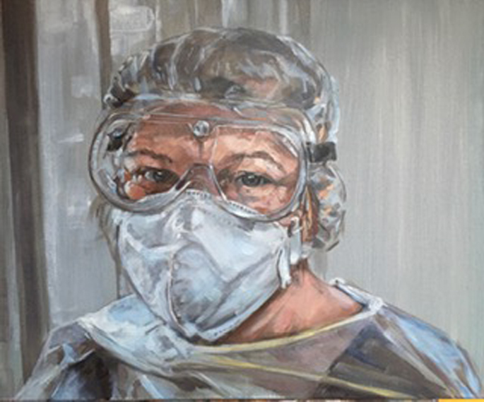 Ölporträt einer Frau in medizinischer Schutzkleidung