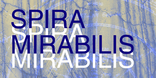 Text: Spira Mirabilis
Hintergrund: Blaue Farbspuren auf beigem Grund